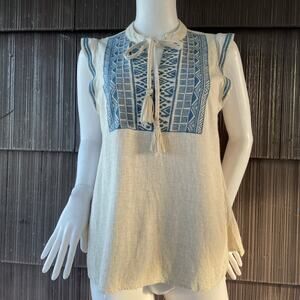 🔥Linen Viscose Geometric Ethnic Traditional Embroidered Tassel Tank Top S
